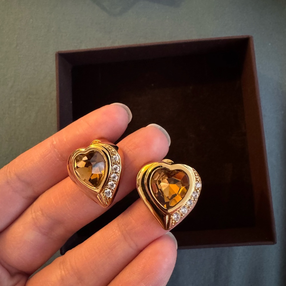Gold Heart-Shaped Earrings with Crystals